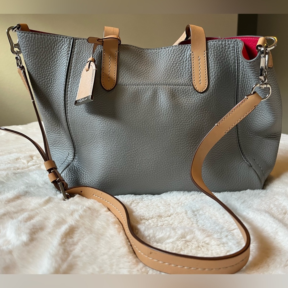 Cole Haan Crosby Gray Leather Tote Bag with hot pink interior, neutral straps